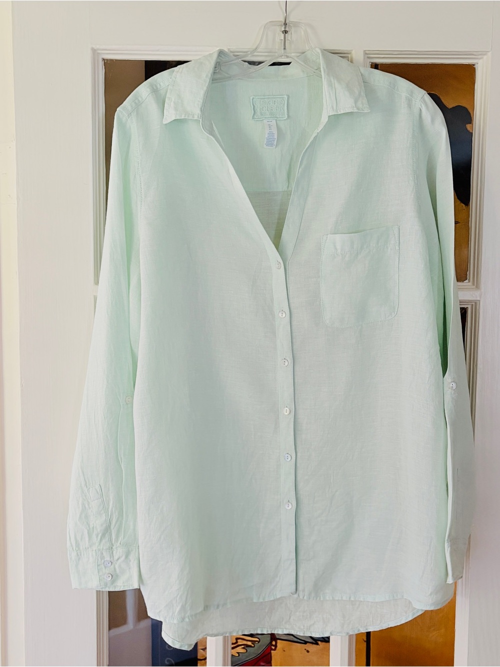 SIGRID OLSEN 100% Linen Pale Green Button Up Shirt SZ L Roll Tab Sleeve Coastal